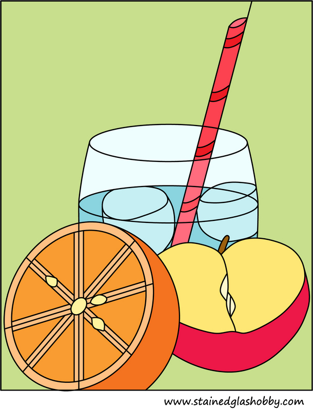 Different colours orange, apple, drink stained glass