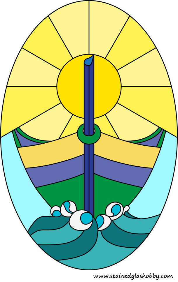 Sun boat sea stained glass panel