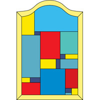 Colourful stained glass design squarish layout with top arch